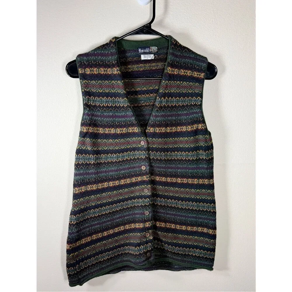 Vintage Harold’s  Sweater Vest Men’s L Multicolor Stripe Button Front Fair Isle